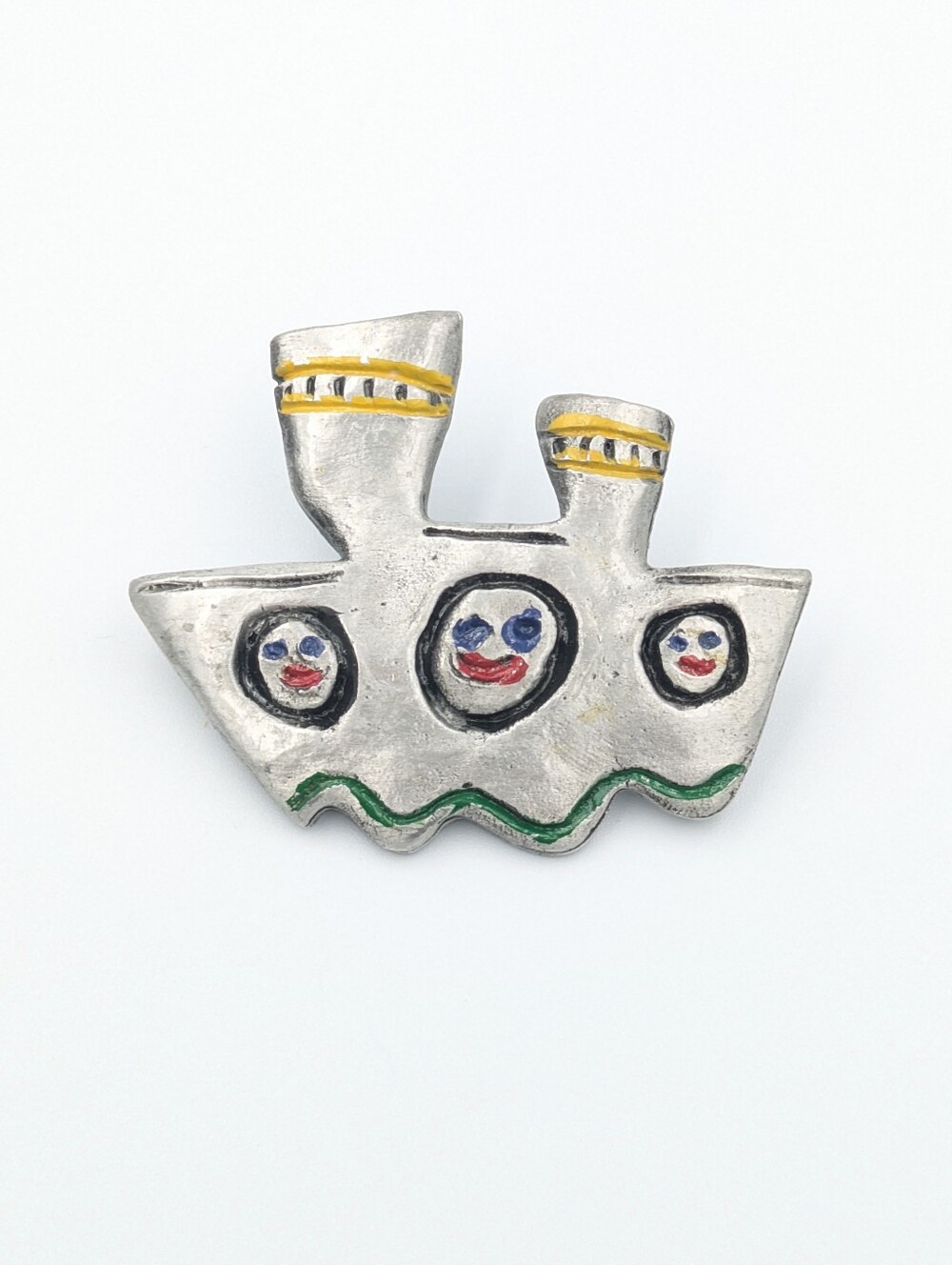 RARE artisan France Happy Fingers vintage pewter enamel brooch